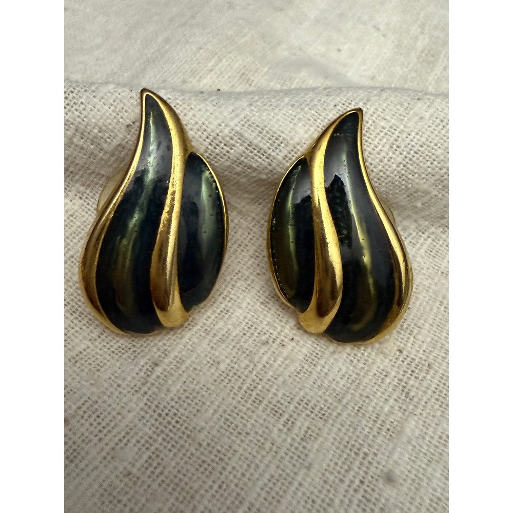 Black Gold Tone Sculptural Flame Pierced Earrings Enamel Look